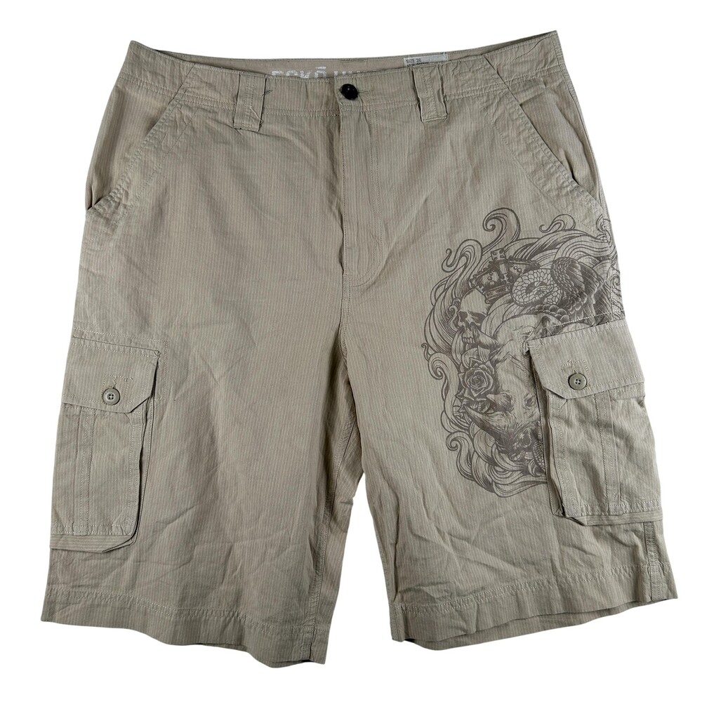Vtg Ecko Unltd Cargo Shorts Mens 36 Beige Cotton Striped Skull Tattoo Graphic